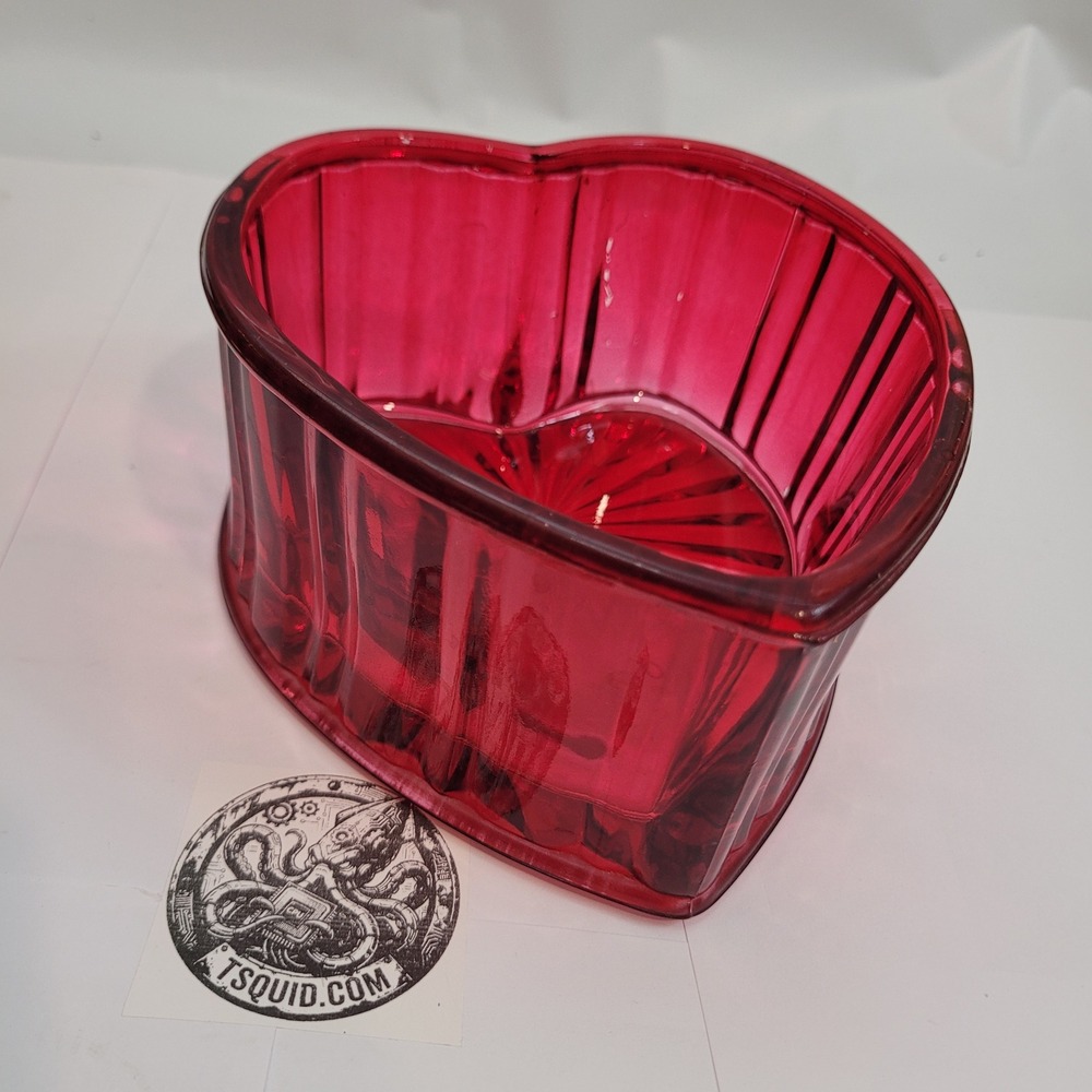 Vintage Heart Pressed Glass Dish Ruby Red Ribbed Sunburst Base Trinket Love 5.5"